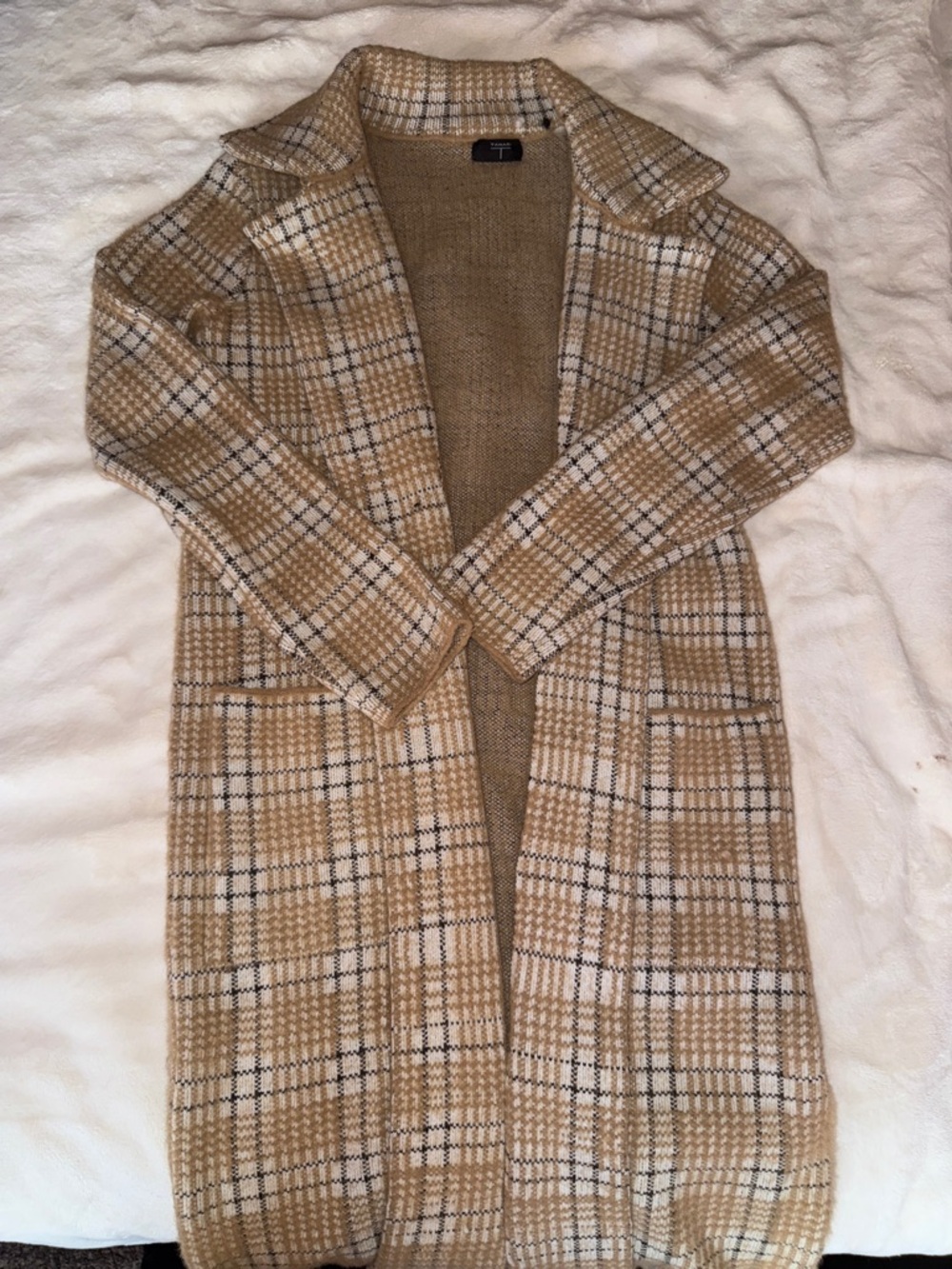Tahari Beige Plaid Long Open-Front Cardigan